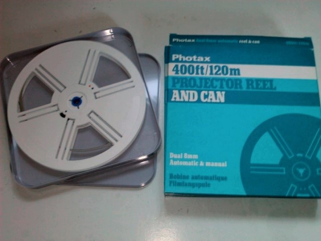AUTOMATIC DUAL 8MM CINE FILM REEL AND CAN FOR UP TO 400FT 120M FILM STORAGE BOX 